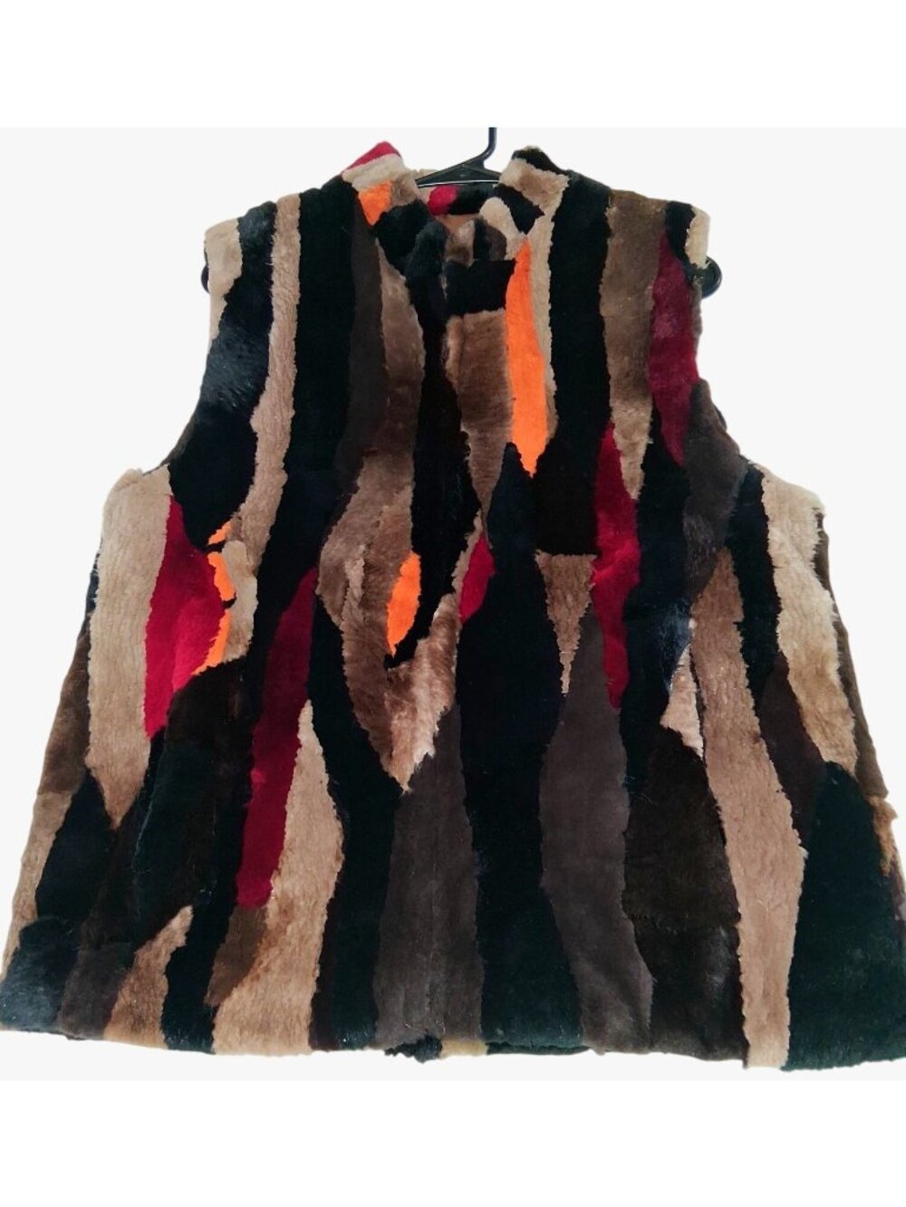 Tandio Beaver Fur Vest Bright Abstract Patchworked Sleeveless Satin Lined Comfor